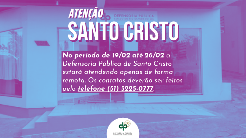 Na comarca, são atendidos, além dos moradores de Santo Cristo, os cidadãos de Alecrim e Porto Vera Cruz.
