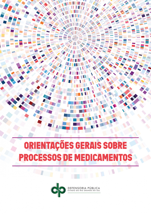 Capa colorida do folder Orientações Gerais sobre Processos de Medicamentos. A capa possui um desenho em círculos compostos por retângulos coloridos.