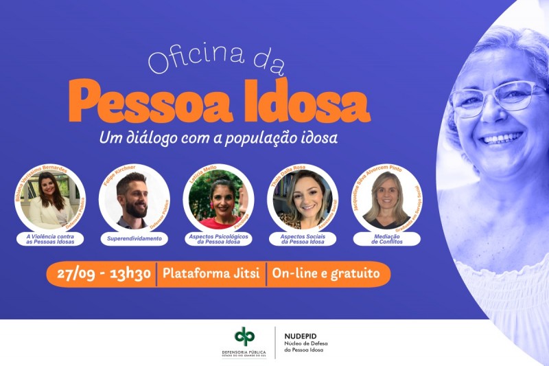 Cartilha com o título “Oficina da Pessoa Idosa: um diálogo com a população idosa”, também informando os participantes, os temas abordados, a data e horário e outras informações também presentes na matéria.