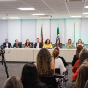 Imagem da mesa de autoridades do evento, em sua frente aparece a plateia 