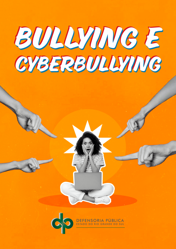 Capa cartilha bullying e cyberbullying. Uma adolescente no centro, com as mãos no rosto e expressão de surpresa, com um laptop no colo. Diversos dedos apontam para ela.