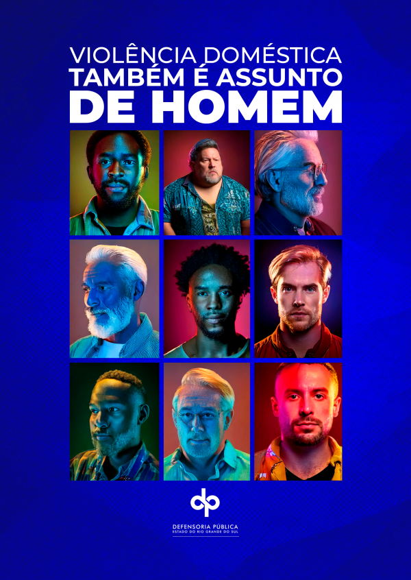 Capa da cartilha Violência Doméstica também é Assunto de Homem, com fundo azul texturizado e imagens de nove perfis de diferentes homens. Assina com a logo da DPE/RS.