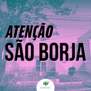 Imagem da sede da DPE/RS de São Borja, em cor lilás e o letreiro: ATENÇÃO SÃO BORJA.