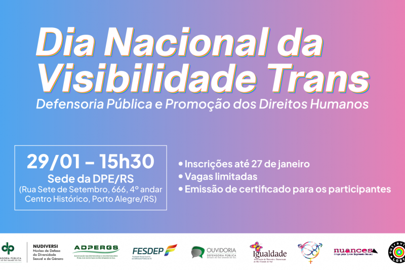 Arte digital com o título Dia Nacional da Visibilidade Trans e as principais informações do seminário, que estão informadas no texto.