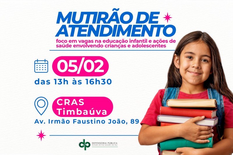 Card com informações de data, horário e local; ao lado menina segura livros.