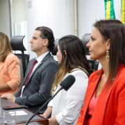 foto da mesa, mostrando 6 participantes, dos 10, com a defensora pública focada em primeiro plano