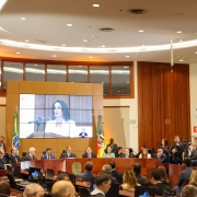 foto geral com o público de costas e a mesa de autoridades de frente para a câmera