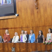 Autoridades cantam o hino nacional na ALRS.